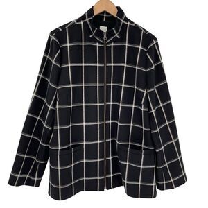 J Jill Windowpane Coat Zip Up Soft Warm Pockets Women Large Black White